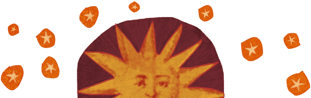 llustration of a sun that has partially set, it has a face and is surrounded by stars.